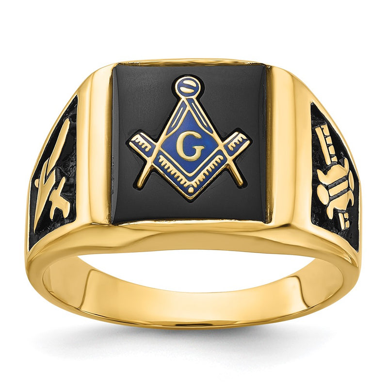 14k Yellow Gold Mens Polished and Textured with Black Enamel & Onyx Masonic Ring