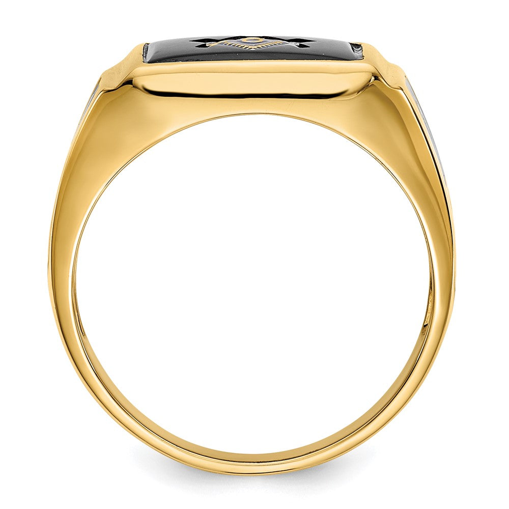 14k Yellow Gold Mens Polished and Textured with Black Enamel and Onyx Masonic Ring