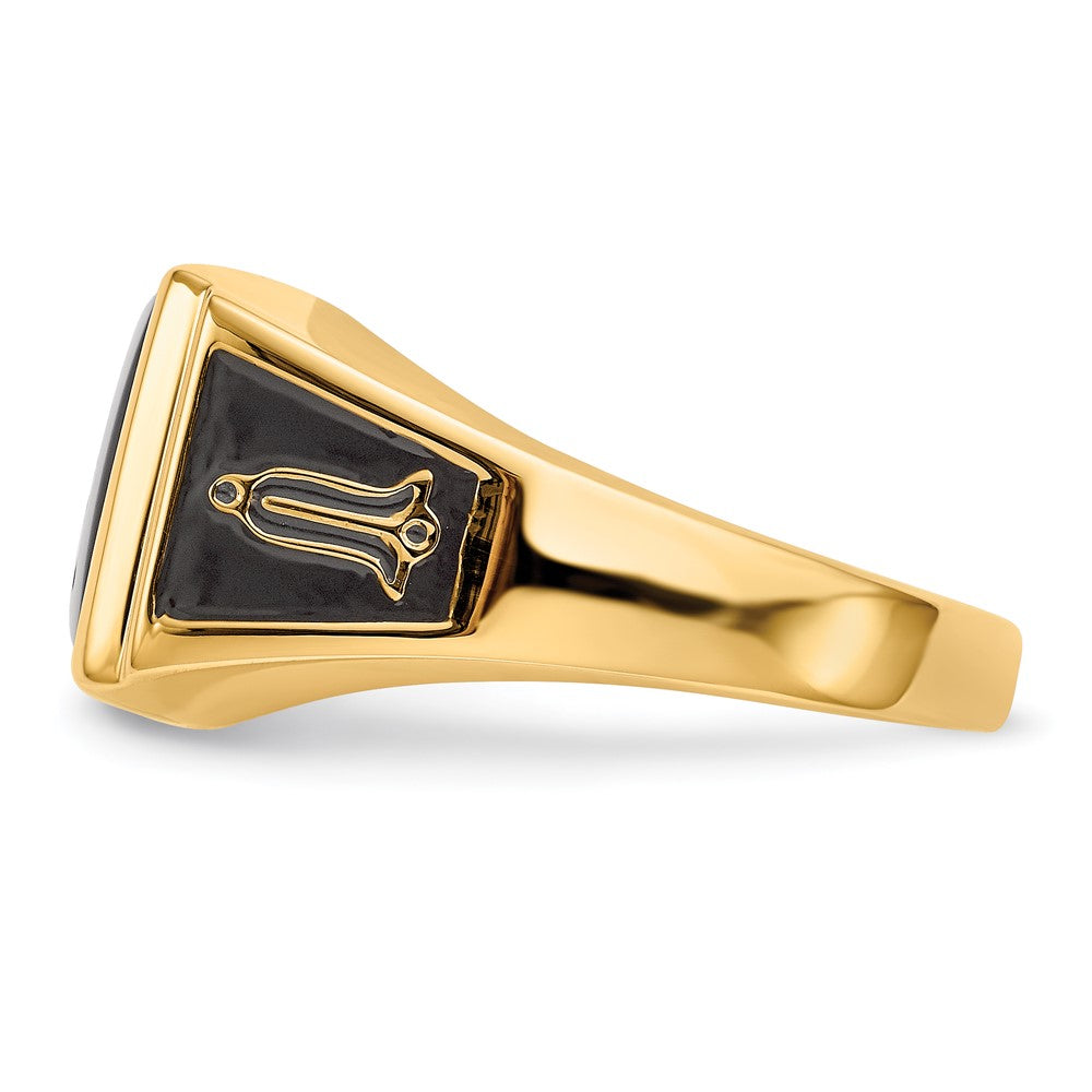 14k Yellow Gold Mens Polished and Textured with Black Enamel and Onyx Masonic Ring