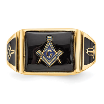 14k Yellow Gold Mens Polished and Textured with Black Enamel and Onyx Masonic Ring