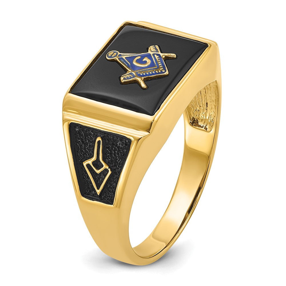 14k Yellow Gold Mens Polished and Textured with Black Enamel and Onyx Masonic Ring