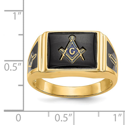14k Yellow Gold Mens Polished and Textured with Black Enamel and Onyx Masonic Ring