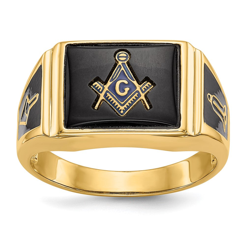14k Yellow Gold Mens Polished and Textured with Black Enamel and Onyx Masonic Ring
