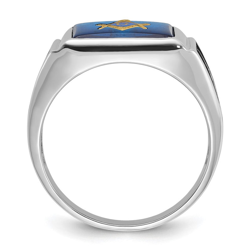 14k White Gold Mens Polished and Textured with Black Enamel and Imitation Blue Spinel Masonic Ring