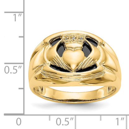 14K Yellow Gold Aa Diamond And Onyx Mens Claddagh Ring