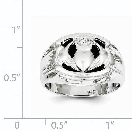 14K White Gold Aa Diamond And Onyx Mens Claddagh Ring