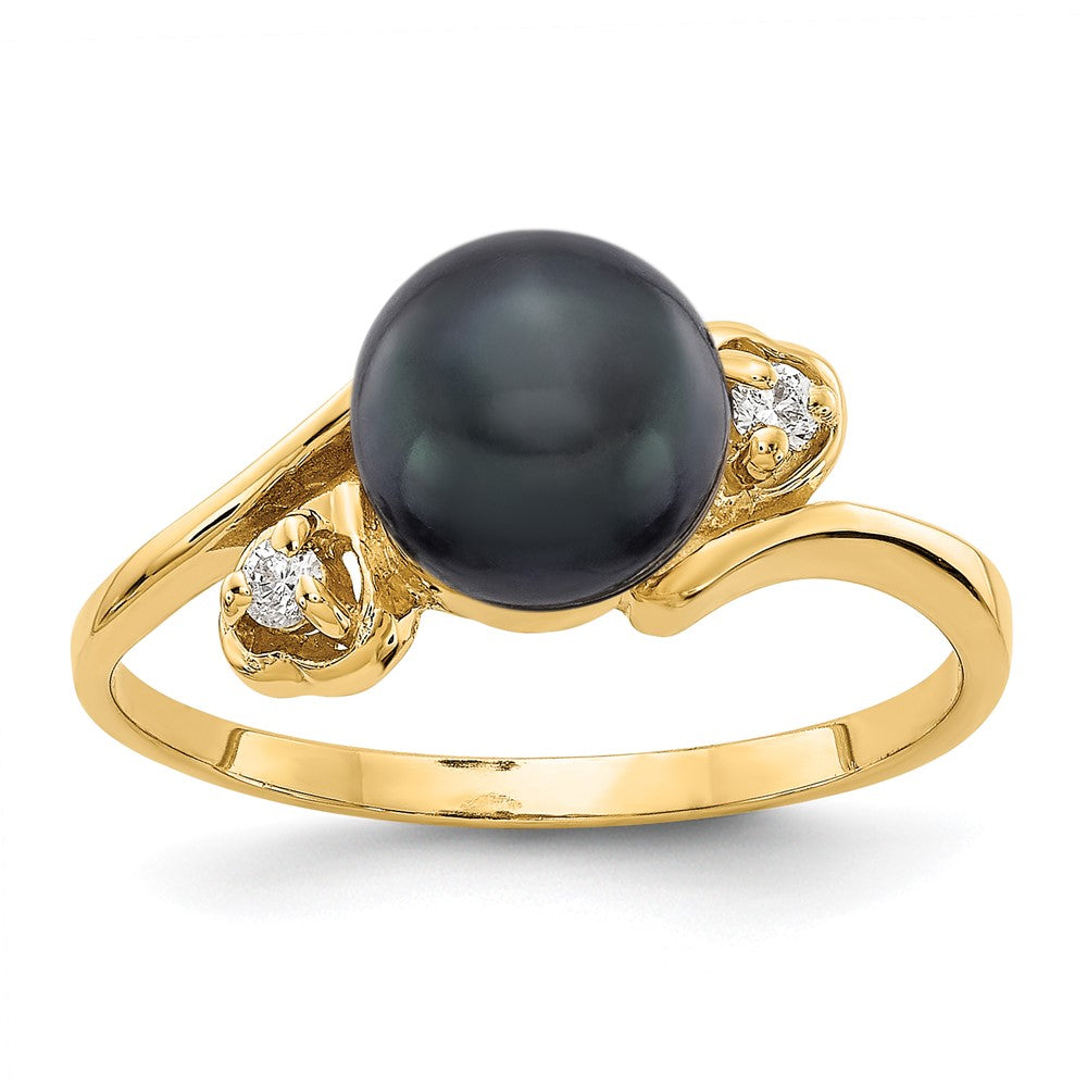 14K Yellow Gold 7mm Black Fw Cultured Pearl A Diamond Ring