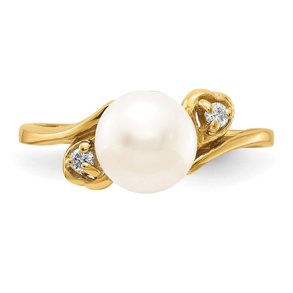 14K Yellow Gold 7mm Fw Cultured Pearl A Diamond Ring