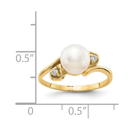 14K Yellow Gold 7mm Fw Cultured Pearl A Diamond Ring
