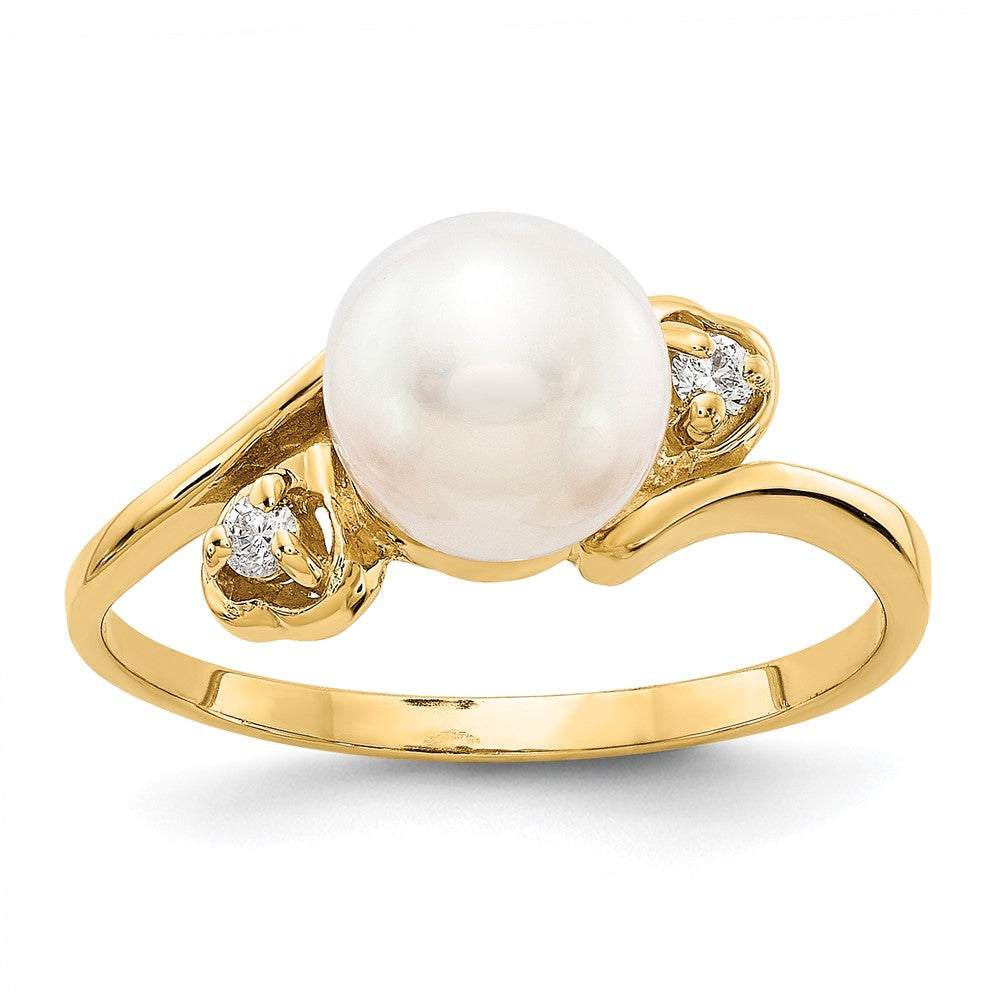 14K Yellow Gold 7mm Fw Cultured Pearl A Diamond Ring