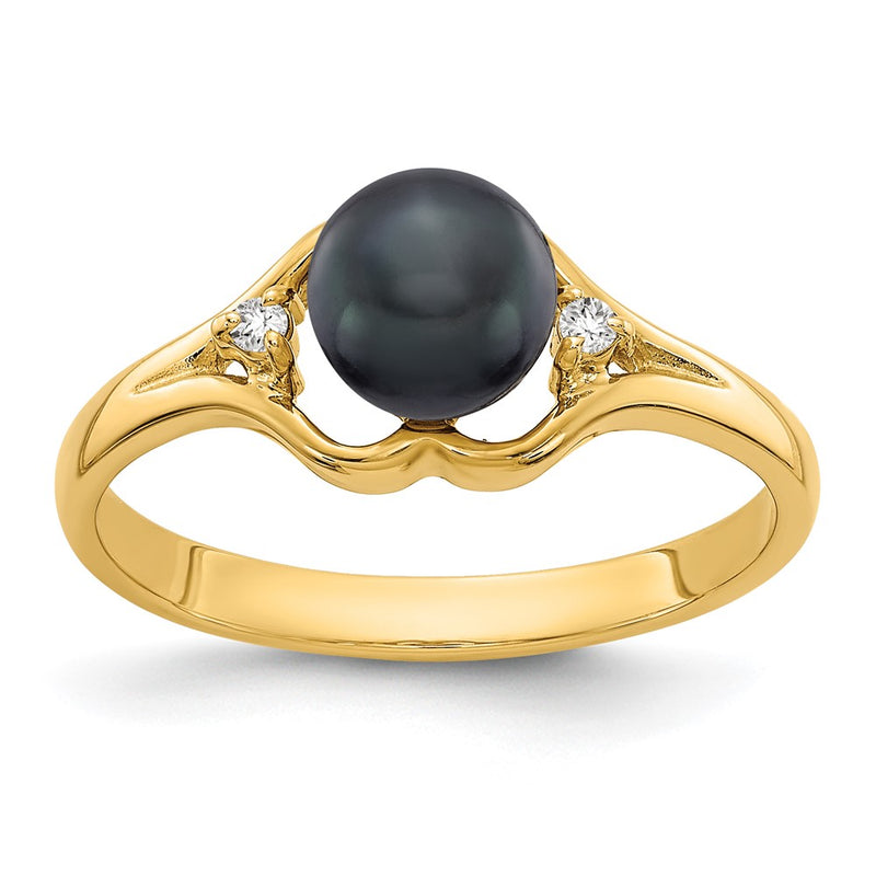 14K Yellow Gold 6mm Black FW Cultured Pearl A Real Diamond ring