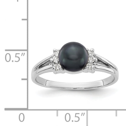 14k White Gold 6mm Black FW Cultured Pearl A Real Diamond ring