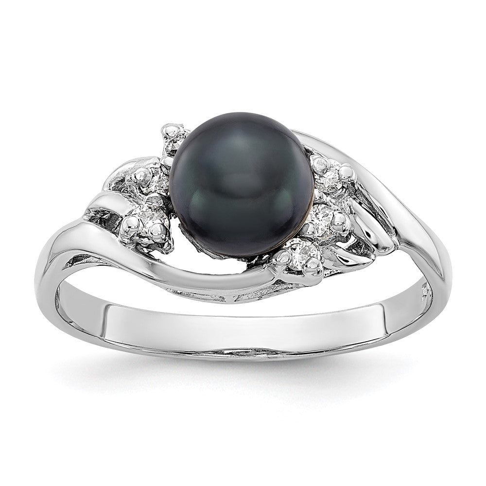 14K White Gold 6mm Black Fw Cultured Pearl Aa Diamond Ring