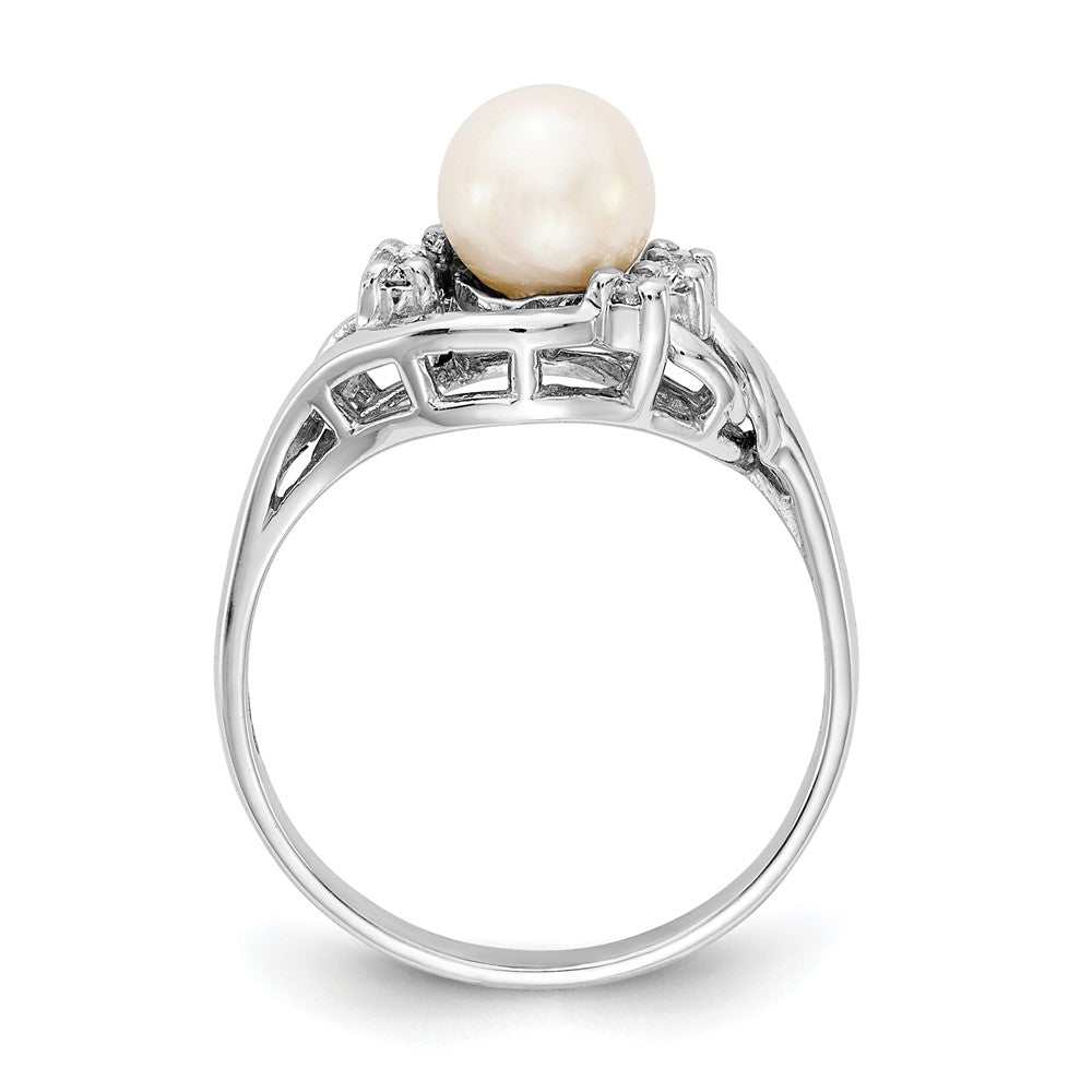14K White Gold 6mm Fw Cultured Pearl Aaa Diamond Ring