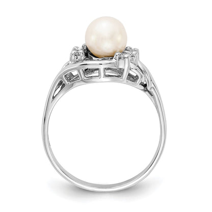 14K White Gold 6mm Fw Cultured Pearl Aaa Diamond Ring