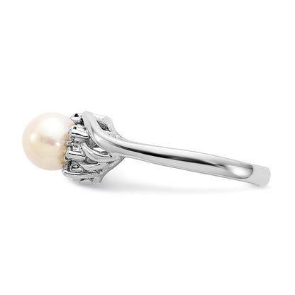 14K White Gold 6mm Fw Cultured Pearl Aaa Diamond Ring