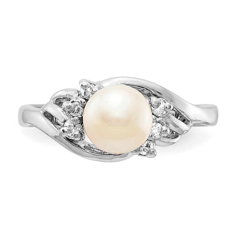 14K White Gold 6mm Fw Cultured Pearl Aaa Diamond Ring