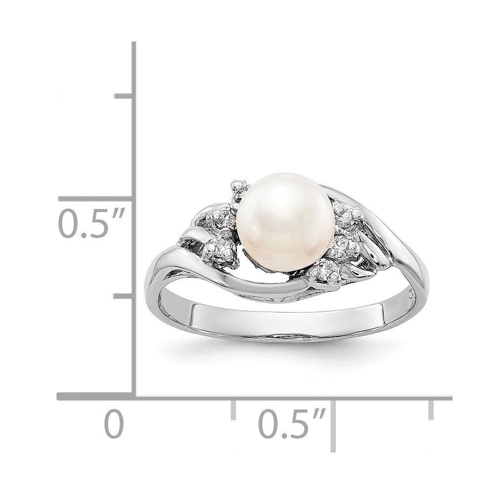 14K White Gold 6mm Fw Cultured Pearl Aa Diamond Ring