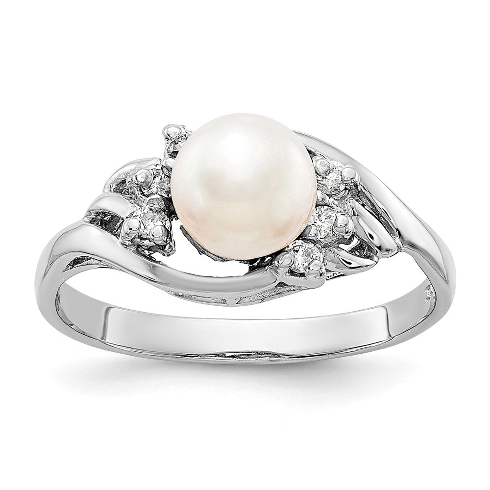 14K White Gold 6mm Fw Cultured Pearl Aaa Diamond Ring