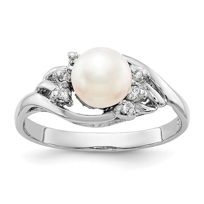 14K White Gold 6mm Fw Cultured Pearl Aaa Diamond Ring
