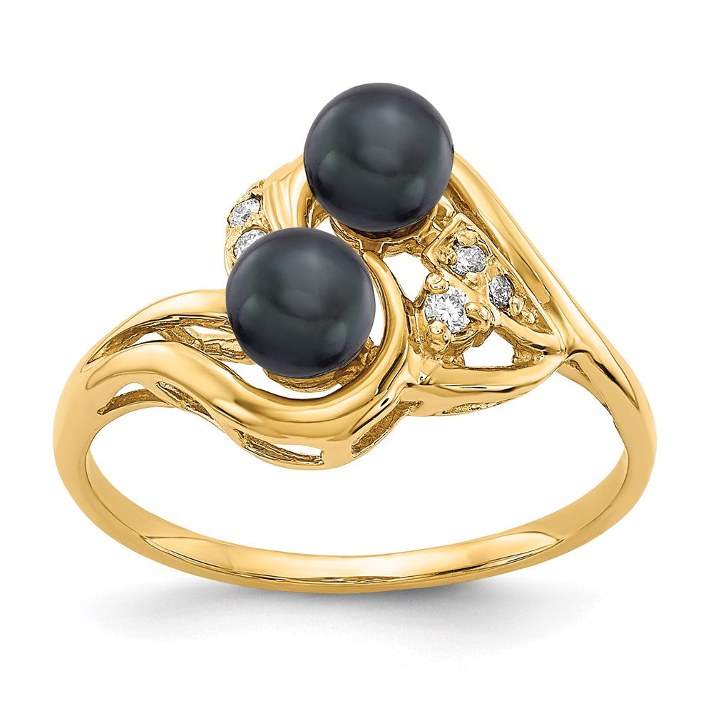 14K Yellow Gold 4.5mm Black Fw Cultured Pearl A Diamond Ring