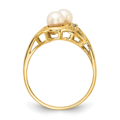 14K Yellow Gold 4mm Fw Cultured Pearl Aa Diamond Ring