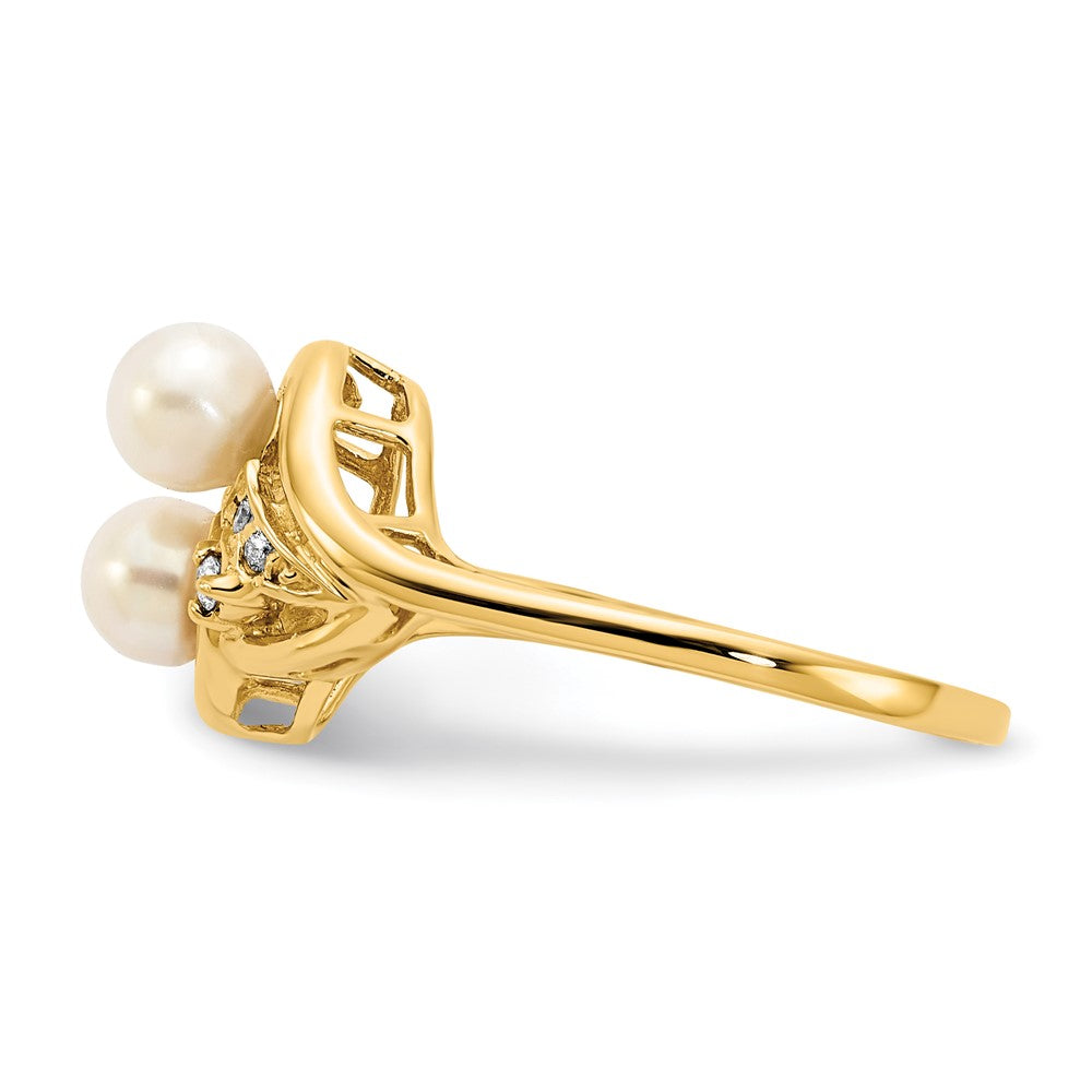 14K Yellow Gold 4mm Fw Cultured Pearl Aa Diamond Ring