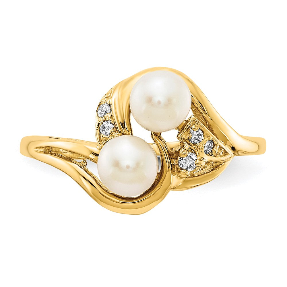 14K Yellow Gold 4mm Fw Cultured Pearl Aa Diamond Ring