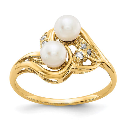 14K Yellow Gold 4.5mm Fw Cultured Pearl Vs Diamond Ring