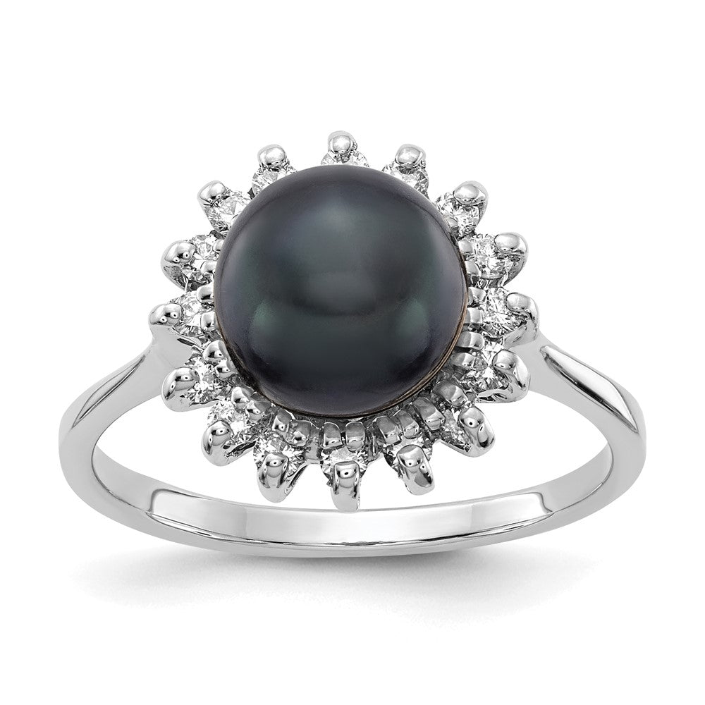 14K White Gold 7.5mm Black Fw Cultured Pearl A Diamond Ring
