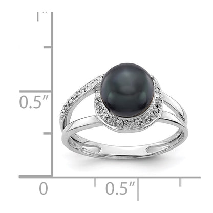 14K White Gold 7.5mm Black Fw Cultured Pearl Aaa Diamond Ring