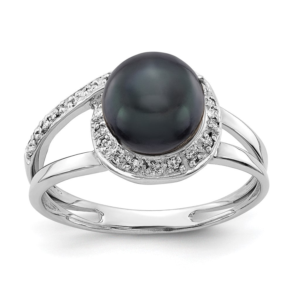 14K White Gold 7.5mm Black Fw Cultured Pearl Aa Diamond Ring