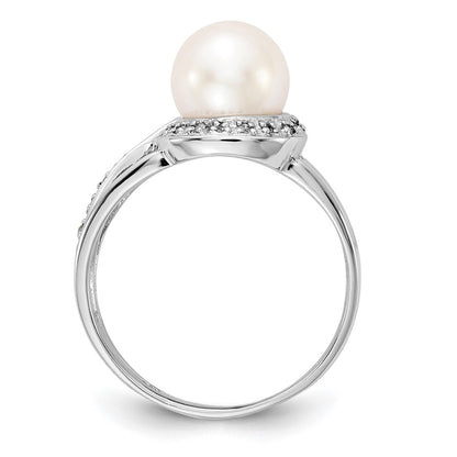 14K White Gold 7.5mm Fw Cultured Pearl Aaa Diamond Ring