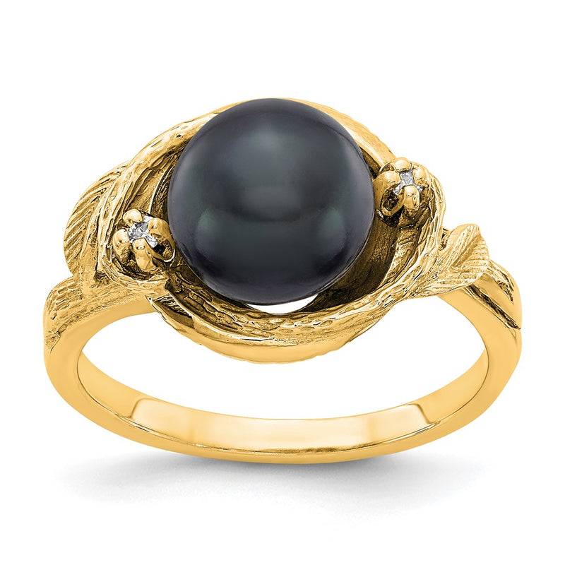 14K Yellow Gold 7.5mm Black Fw Cultured Pearl A Diamond Ring
