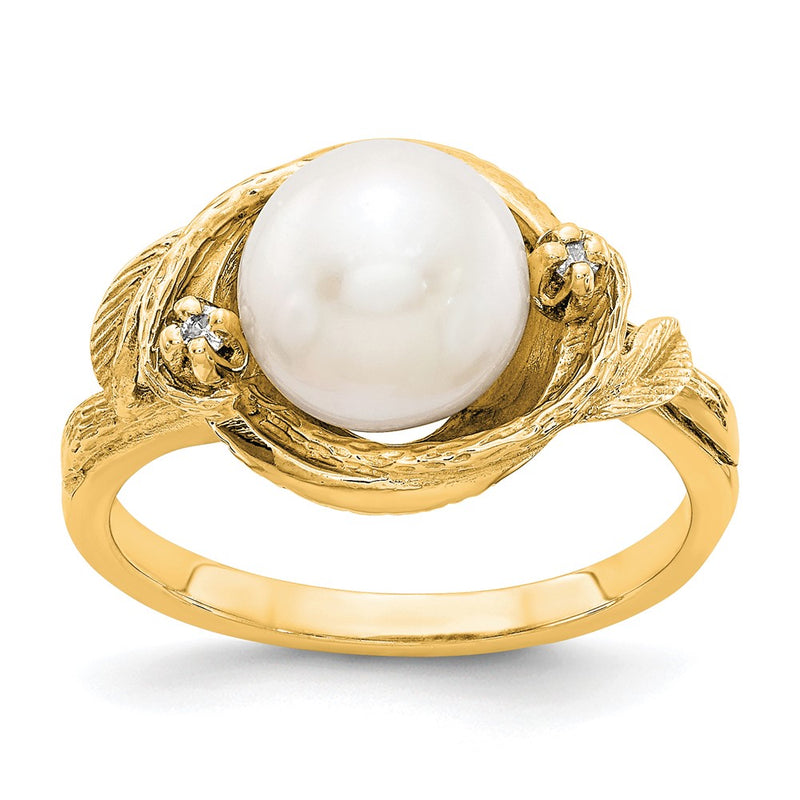 14K Yellow Gold 7.5mm Fw Cultured Pearl A Diamond Ring