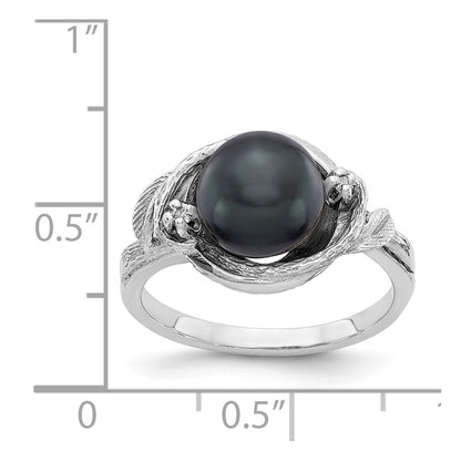 14K White Gold 7.5mm Black Fw Cultured Pearl Vs Diamond Ring