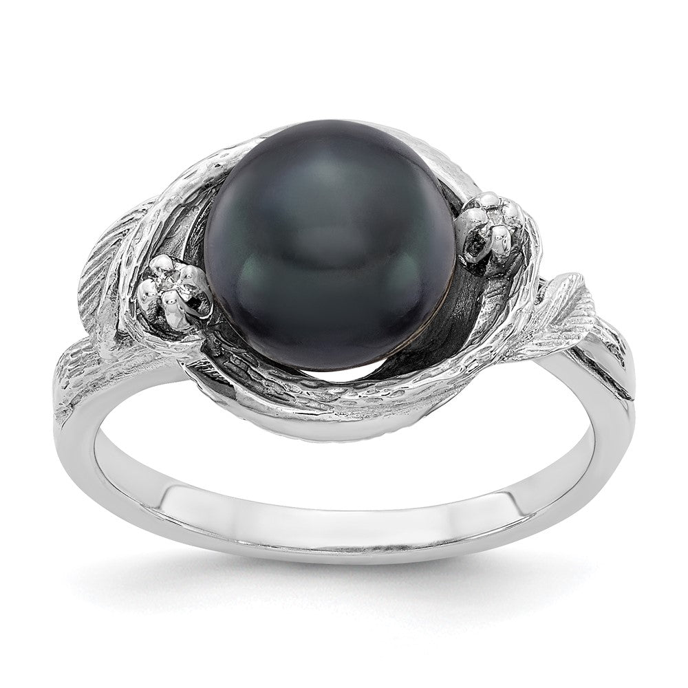 14K White Gold 7.5mm Black Fw Cultured Pearl Aa Diamond Ring