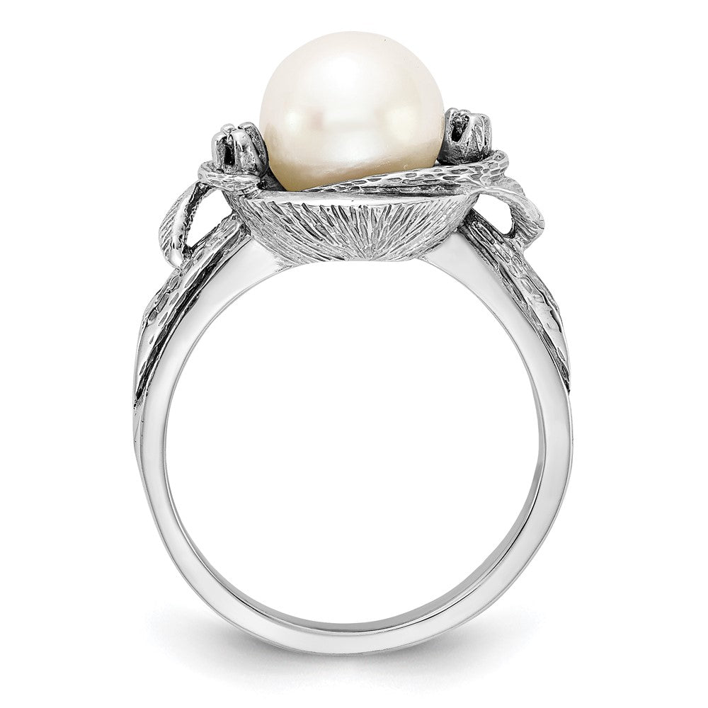 14K White Gold 7.5mm Fw Cultured Pearl Aaa Diamond Ring