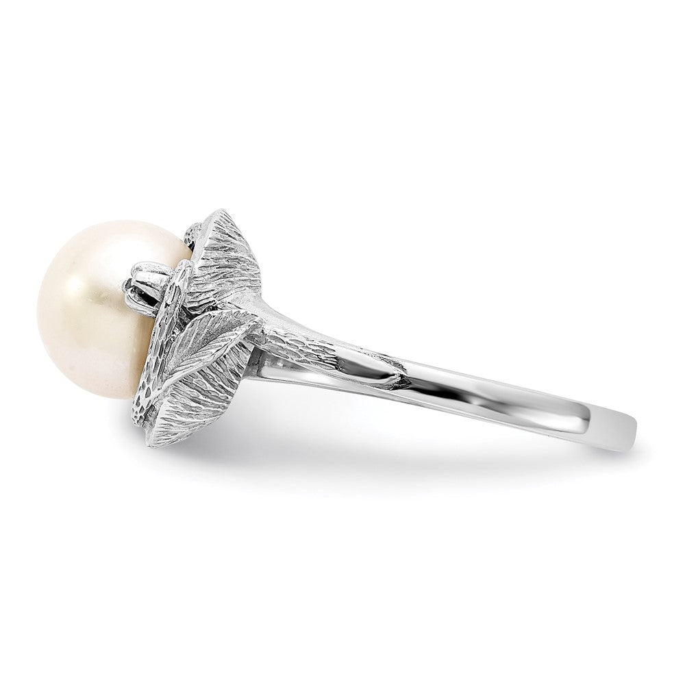 14K White Gold 7.5mm Fw Cultured Pearl Aa Diamond Ring