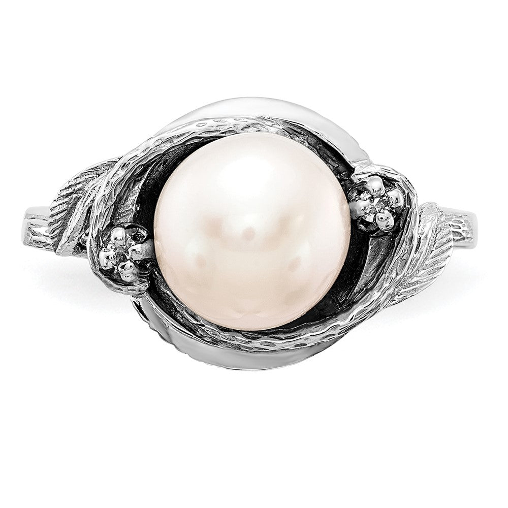 14K White Gold 7.5mm Fw Cultured Pearl Aaa Diamond Ring