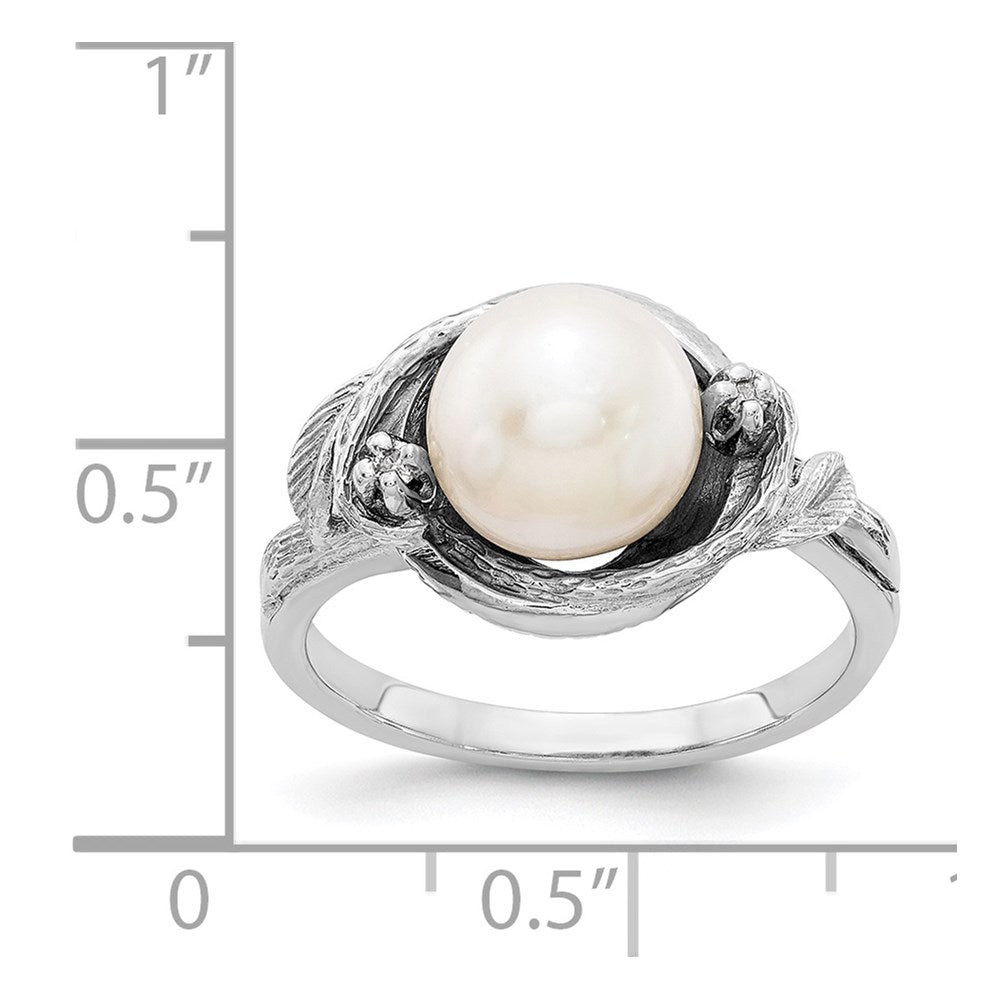 14K White Gold 7.5mm Fw Cultured Pearl Aa Diamond Ring