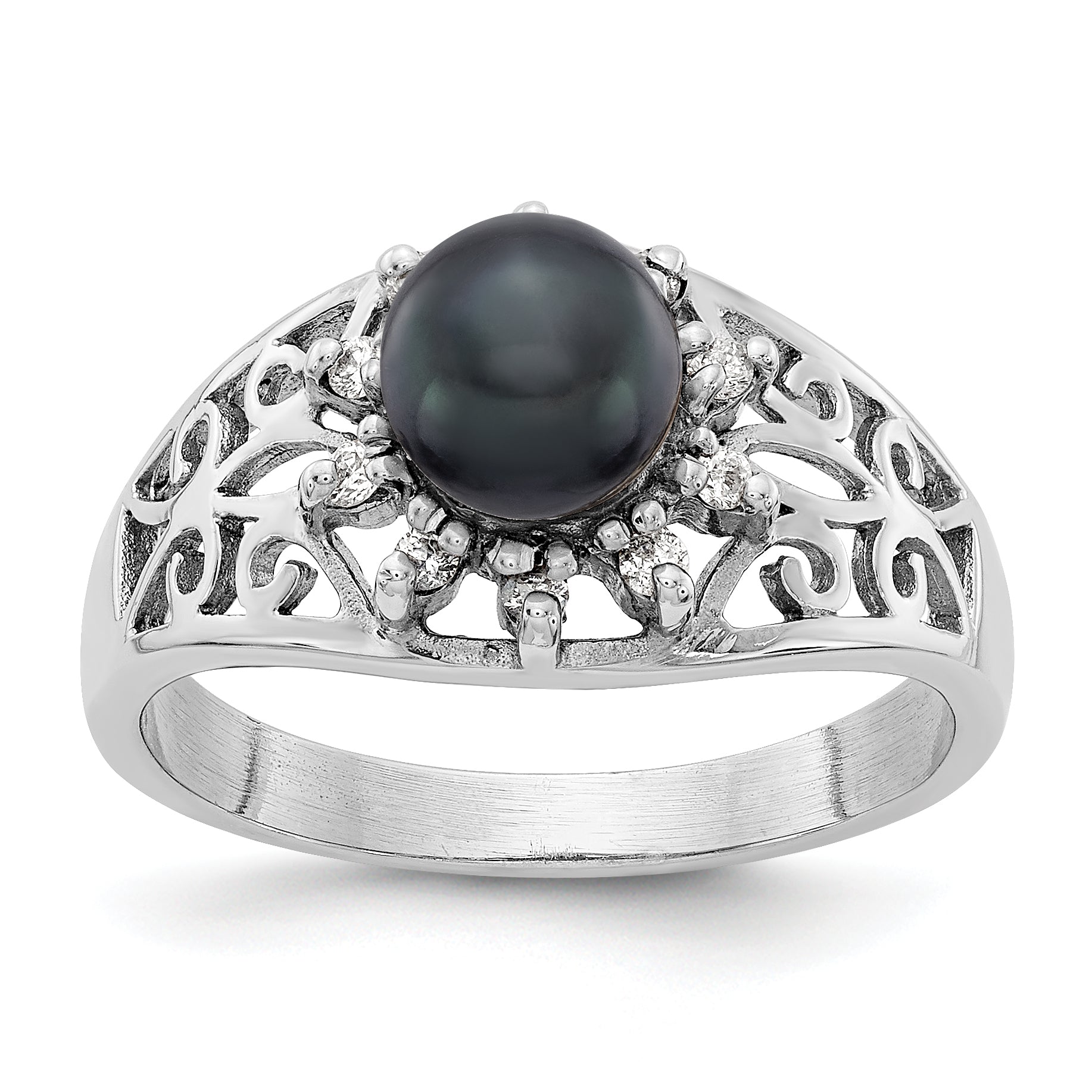 14k White Gold 6mm Black FW Cultured Pearl A Real Diamond ring