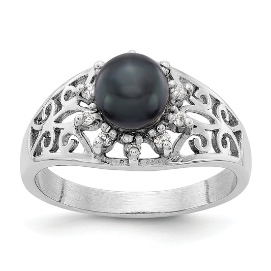 14k White Gold 6mm Black FW Cultured Pearl A Real Diamond ring