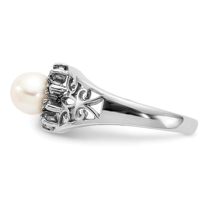14k White Gold 6mm FW Cultured Pearl A Real Diamond ring
