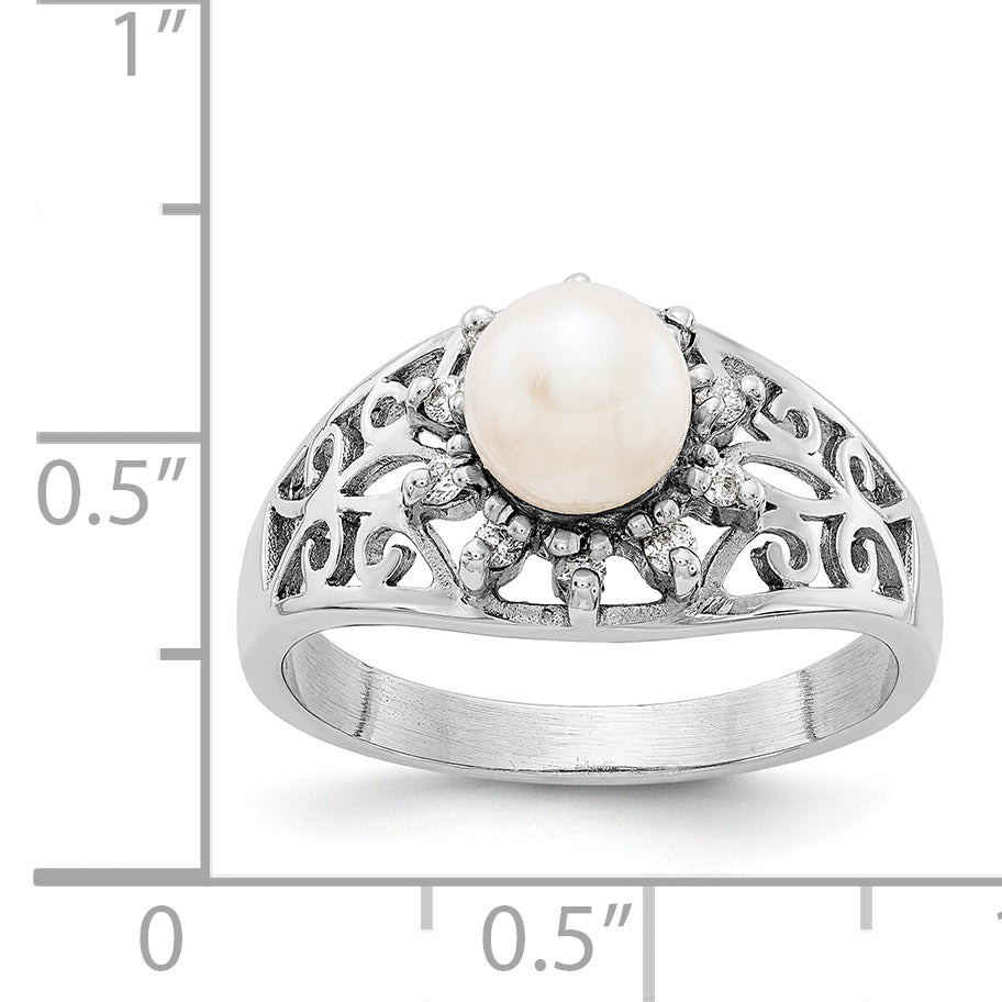 14k White Gold 6mm FW Cultured Pearl A Real Diamond ring