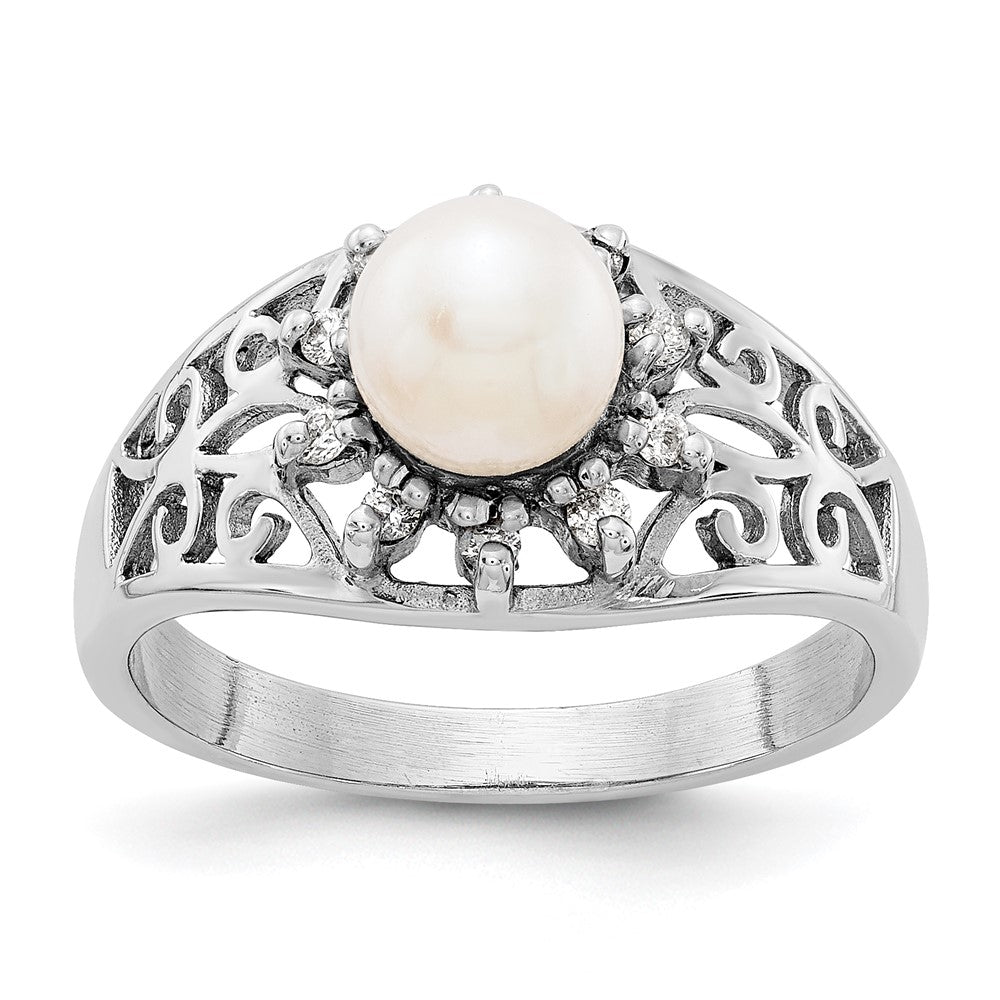 14k White Gold 6mm FW Cultured Pearl AAA Diamond ring