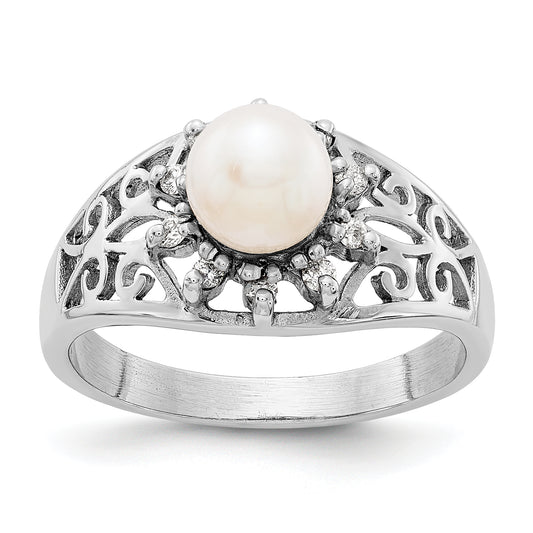 14k White Gold 6mm FW Cultured Pearl A Real Diamond ring
