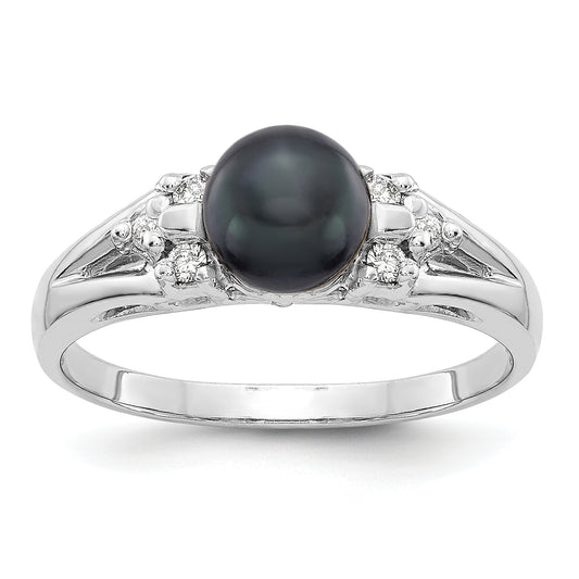 14k White Gold 6mm Black FW Cultured Pearl A Real Diamond ring
