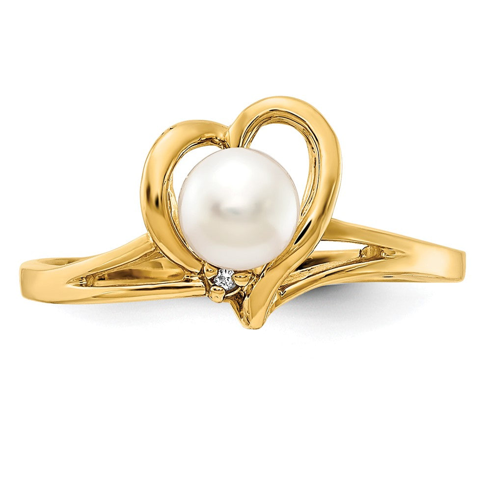 14K Yellow Gold 4.5mm Fw Cultured Pearl Aaa Diamond Ring