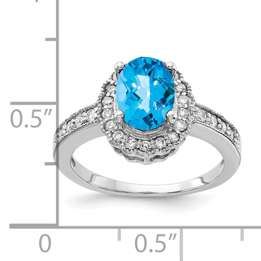 14k White Gold 8x6mm Oval Blue Topaz Checker VS Diamond ring